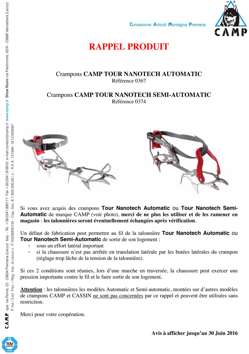 Rappel de crampons CAMP Tour 10 Nanotech Automatique